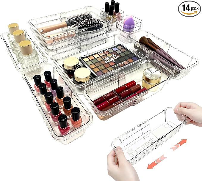 14 PCS Adjustable Clear Drawer Organizer Set - 3-Size Acrylic Storage Boxes for Makeup, Stationery, Kitchen Utensils, Tools & Bedroom Dresser Organization