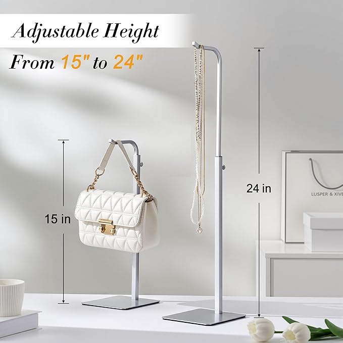 Purse Holder Handbag Display Stand: Silver Hanger Rack for Bags, Purses, and Wreath, Adjustable Hook Stand for Tabletop, Closet, and Retail Use for Vendors