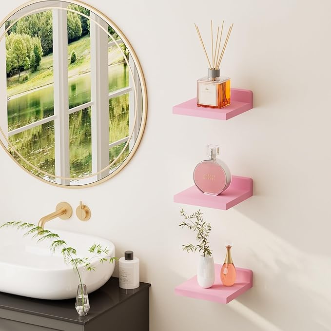 QsQueen Small Floating Shelves Mini Shelves Hanging Display 5 Inch Wall Shelf for Bathroom Livingroom Bedroom,3 Pack, with 2 Types of Installation, Great for Room Decor