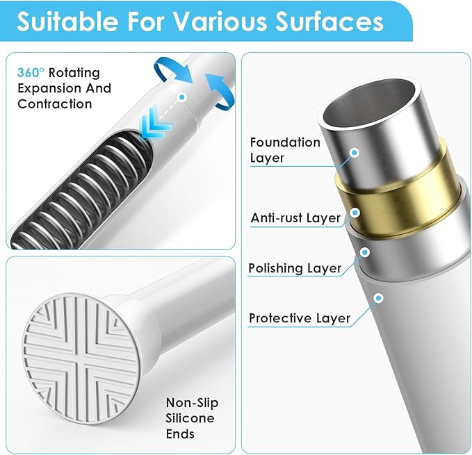 1Pcs Tension Curtain Rod 31 To 76 Inch White Shower Curtain Rod No Drilling Adjustable Spring Loaded Curtain Rods 7/8"Diameter Shower Rods For Bathroom Windows Bedroom Closet Doorway Door