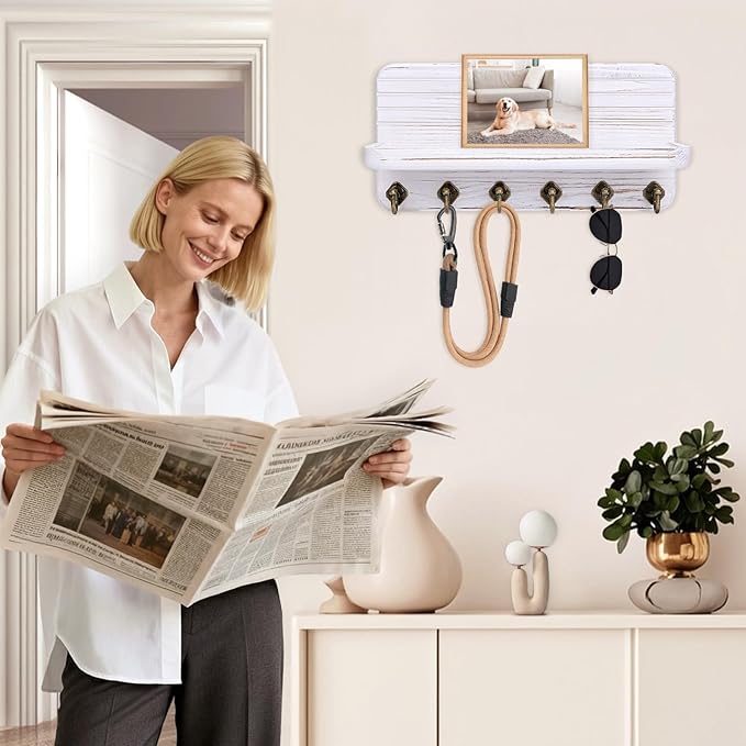 Key Holder for Wall, Mail Organizer Wall Mount with 6 Hooks Wooden Hanging Key Rack for Home Decor, Hallway, Entryway (Vintage White)