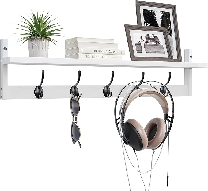 BAMEOS Wall-Mounted Wood Shelf with 5 Dual Hooks for Bathroom, Living Room, Bedroom (White-with Shelf)