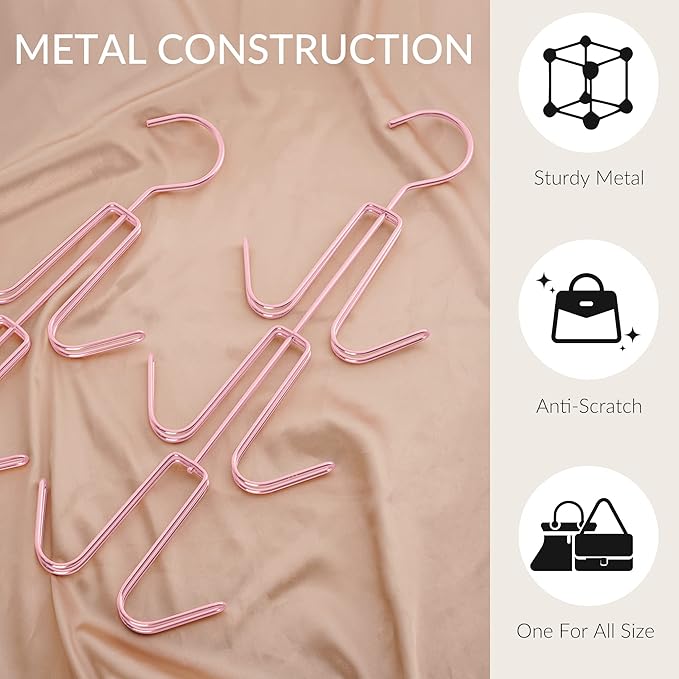 ZEDODIER 4 Pack Purse Organizer for Closet, Heavy-Duty Hanging Purse Hanger Closet Holds Up to 24 Purses, Metal Rotating Space Saving Bag Holder Handbag Storage Hook Backpack Rack, Pink
