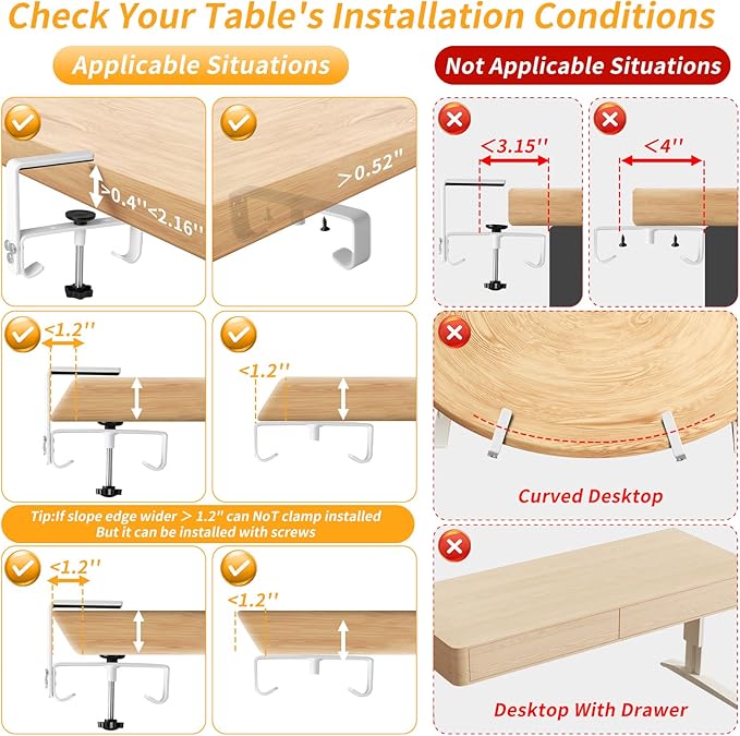 No Drill Under Desk Cable Management Tray, 36" Cord Organizer with Clamp, Fabric Cable Management for Standing Desks, Ideal for Home & Office - White