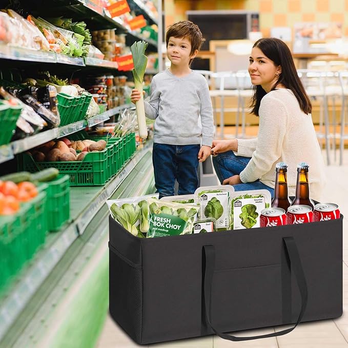 LHZK Standing Extra Large Utility Tote Bag with Metal Wire Frame and the Sides Rinforced, Extra Large Tote Bag with Handle, Reusable Grocery Bags Foldable, Beach Bag, Car Tote (Black) | Metal Wire Frame