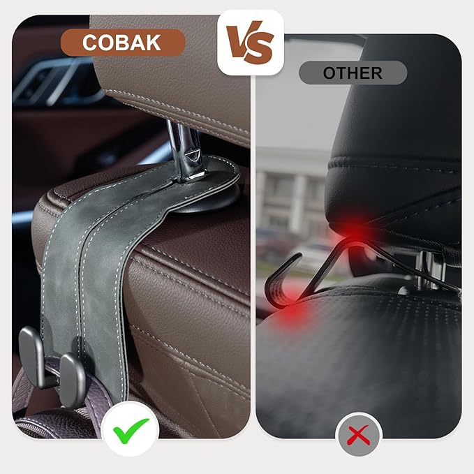 CoBak Purse Hook for Car - Universal Premium Stitched Leather and Aluminum-Magnesium Alloy Double Car Seat Back Storage Hook for Purses, Handbags, Bags (4 Pack),Gray