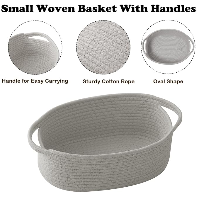 3 Pack Small Woven Rope Basket-Empty Gifts Basket with Bag and Ribbons,Cute Handle Organizer Box for Birthday/Baby Shower, Toy Storage, Nursery Organizing & Shelf Decor(Grey)