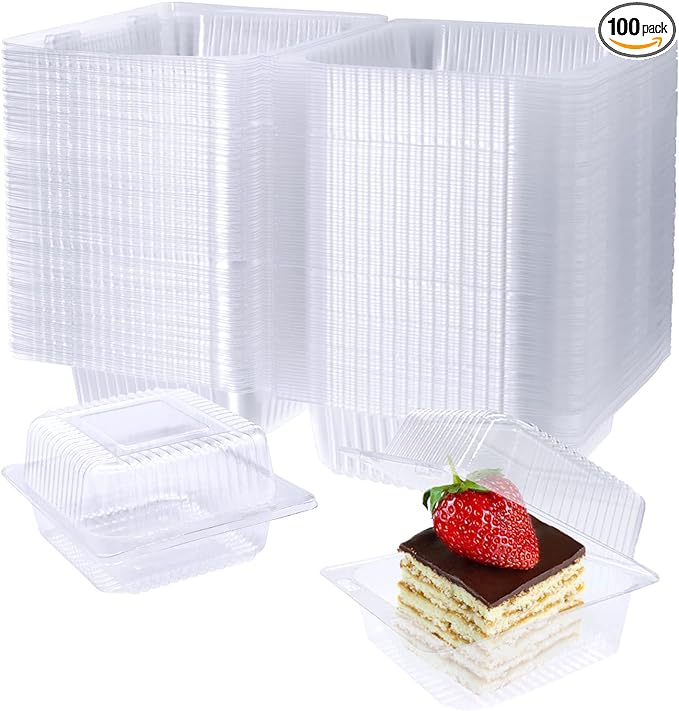 100 Pack Clear Plastic Square Hinged Food Container,Disposable Plastic To Go Containers with Clear Lids,Cake Slice Containers Clamshell Takeout Tray for Pastry,Salad,Dessert(5.1"x 4.7"x 2.8")