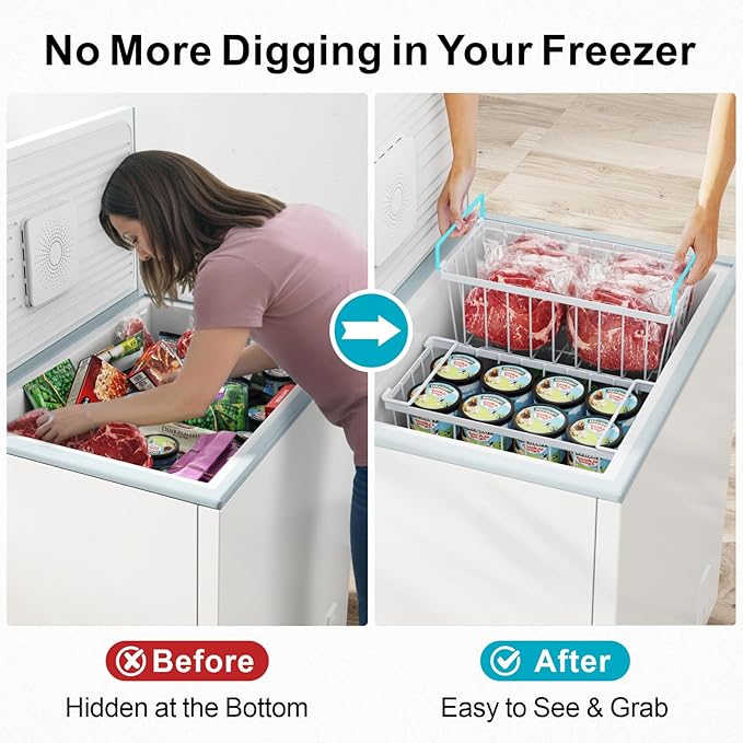 iSPECLE Freezer Organizer Bins - Fits 7 Cu.Ft Chest Freezer, 4 Pack Stackable Wire Baskets(14.7" Length), Heavy Duty Coated Deep Freezer Organizer, Rust Resistant for Frozen Food Sorting, White