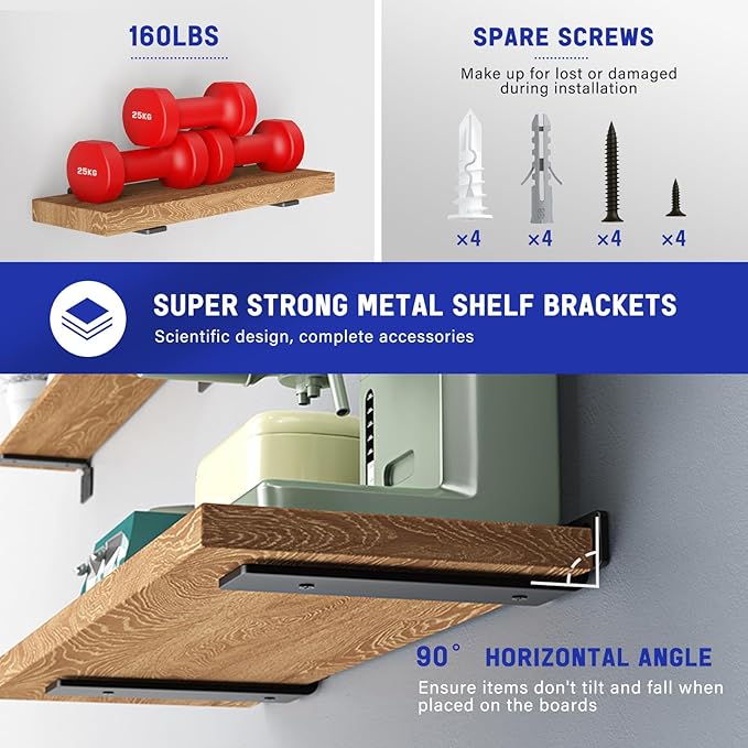 Goovilla Shelf Bracket, Heavy Duty Floating Shelf Brackets 12 inch Long, 12 Pack Brackets for Shelves, Black Coated Metal Wall Shelf Support Brackets with 1/5 Inch Thick and 160 lb. Load Capacity
