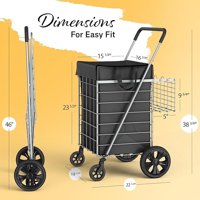 Our Modern Space Shopping Cart w/Waterproof Basket Liner & 360° Swivel Wheels | Foldable Collapsible & Lightweight | Perfect for Groceries Laundry Utility Cart - Silver