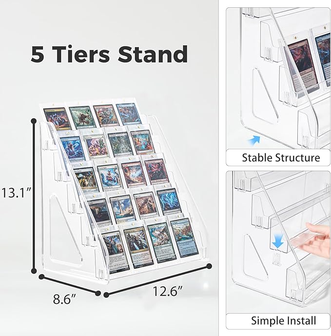 DEEIF 5 Tier Acrylic Trading Card Display Stand, 12" Display Shelf for Magnetic Card Holders, Toploaders, PSA Graded Cards, TCG Sports Card Collection (5Tier, 1Pack)