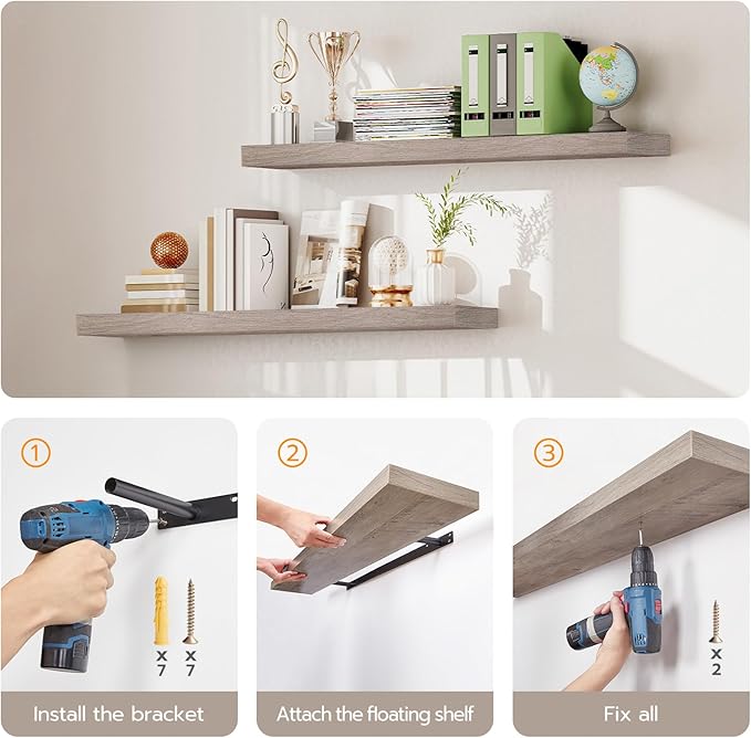 HOOBRO Floating Shelves for Wall, Wall Mounted Shelf Set of 2, 39.4" Hanging Shelf with Invisible Brackets, for Wall Decor Storage in Bathroom Bedroom Kitchen Living Room Office, Greige BG100BJP201