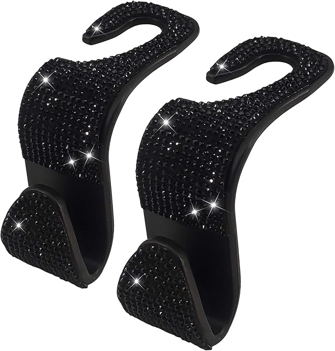 Dermasy 2 Pack Car Hooks, 2021 New Bling Rhinestones Crystal Hooks Car Decorations Auto Seat Back Organizers Strong and Durable Backseat Hanger Storage Universal for SUV Truck Vehicle (Black)