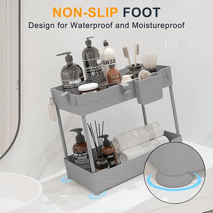 2 Pack Under Sink Organizer, Under Bathroom Cabinet Organizer with Hooks Hanging Cup, Multi-Purpose Storage Shelf for Kitchen Bathroom (Gray, L)