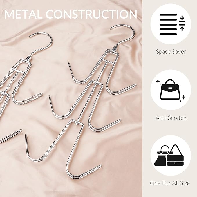 ZEDODIER Purse Organizer for Closet, Heavy-Duty Hanging Purse Hanger Closet Holds Up to 6 Purses, Metal Rotating Space Saving Bag Holder Handbag Storage Hook Backpack Rack, Silver