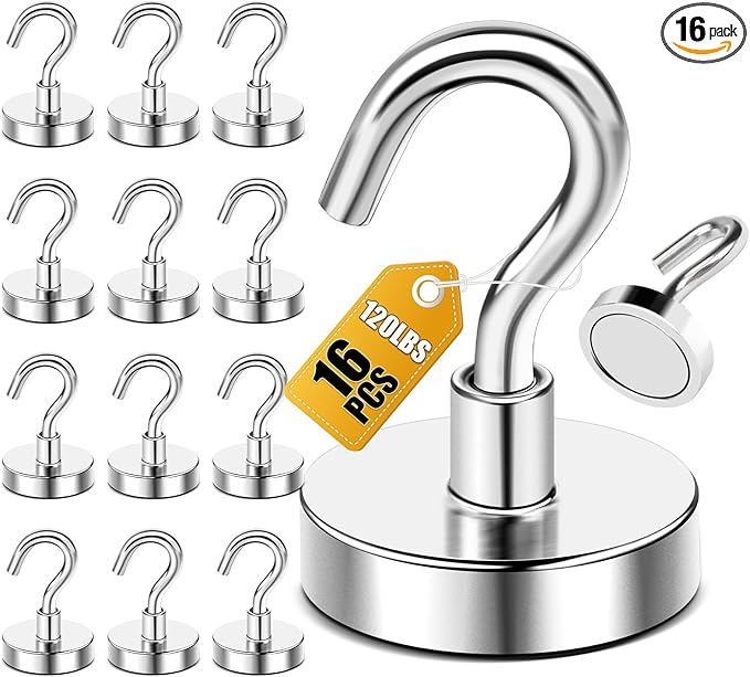 DIYMAG Magnetic Garage Hooks 16 Pack, 120lbs 2026 Cruise Cabin Ship Essentials Magnetic Hook Heavy Duty Strong Wall Mount Magnets Fridge for Classroom Wall Mount Kitchen Grills Silver