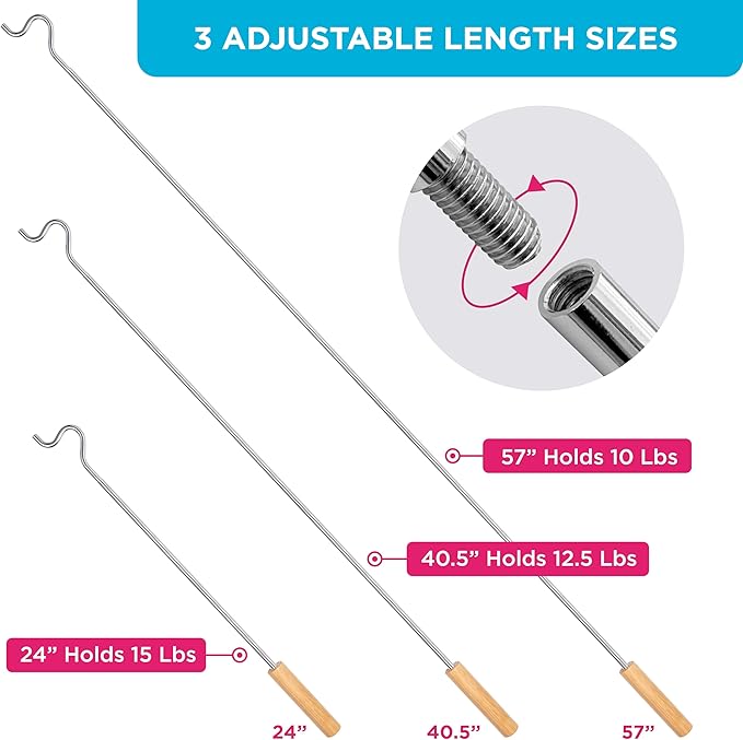 Closet Reacher Pole with Hook and Wooden Handle, Heavy Duty - Adjustable 2.75-5 Feet, Chrome Plated Steel Clothing Hanger Shepherds Hook to Easily Reach Clothes etc - Perfect for College Dorm