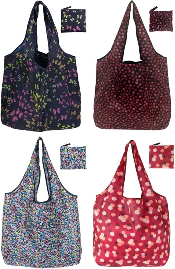 Reusable Grocery Bags,4 Pack 50LBS Foldable Washable Fashion Shopping Bags, Portable Tote Bags Gifts for Women (Butterfly 4 Pack)