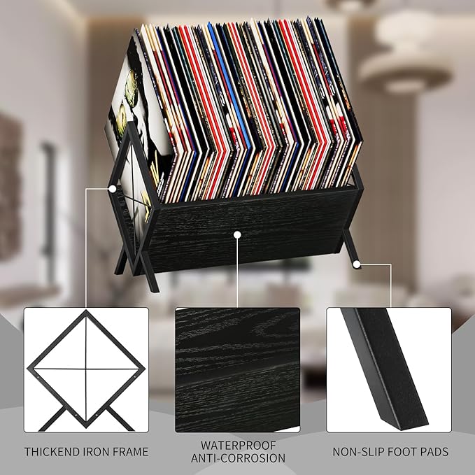 YINMIT Vinyl Record Holder - 80-100 LP Vinyl Record Storage Rack, Quick Assembly Display, Retro Style Organizer for Magazine, Book, Files, Albums (Black, 1 Tier)