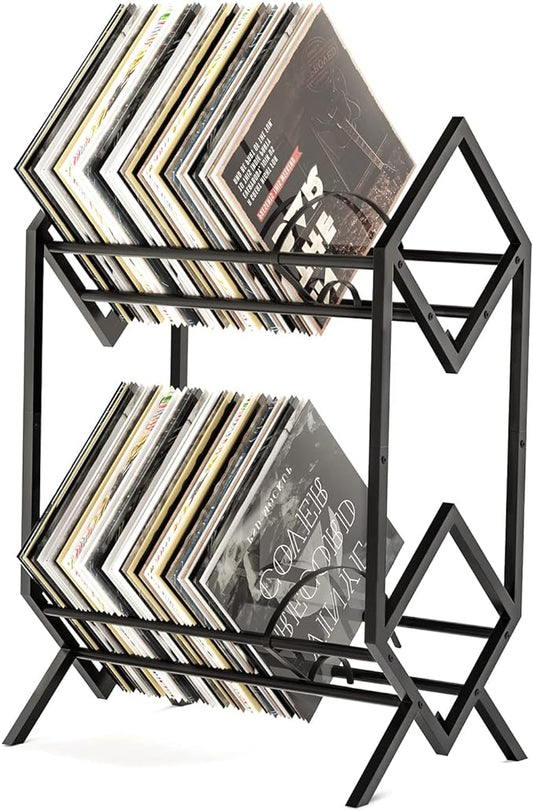 RUILALIFE 2-Tier-Vinyl-Record-Storage-Holder With Dividers, 200 LPs Albums Storage Rack Shelf, Steel Music Records Display Shelf Organizer For Book, Magazine, Files