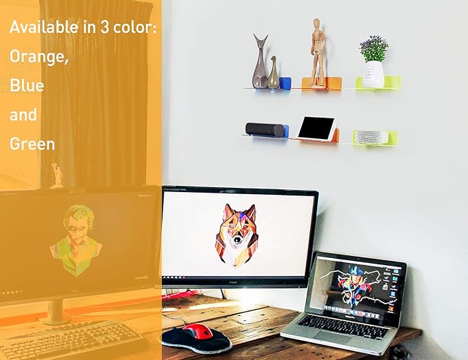 OAPRIRE Small Acrylic Floating Wall Shelves Set of 2, Flexible Use of Wall Space, 9 Inch Adhesive Display Shelf for Security Cameras/Smart Speaker/Action Figures, with Cable Clips - Clear Orange