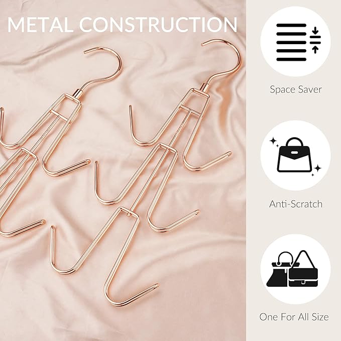 ZEDODIER 2 Pack Purse Organizer for Closet, Heavy-Duty Hanging Purse Hanger Closet Holds Up to 12 Purses, Metal Rotating Space Saving Bag Holder Handbag Storage Hook Backpack Rack, Rose Gold