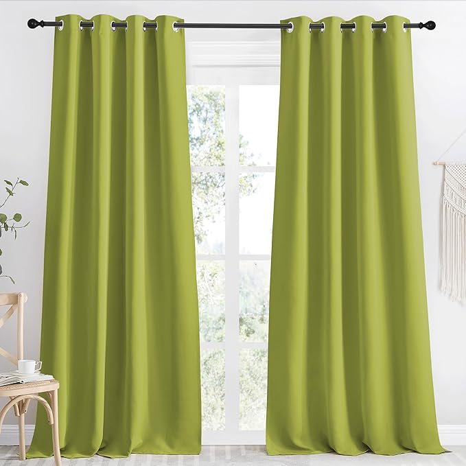 NICETOWN Kitchen Blackout Window Curtain Panel, Fresh Green, 1 Panel, 55 by 90 inches Long, Home Fashion Thermal Insulated Solid Grommet Room Darkening Drape for Apartment