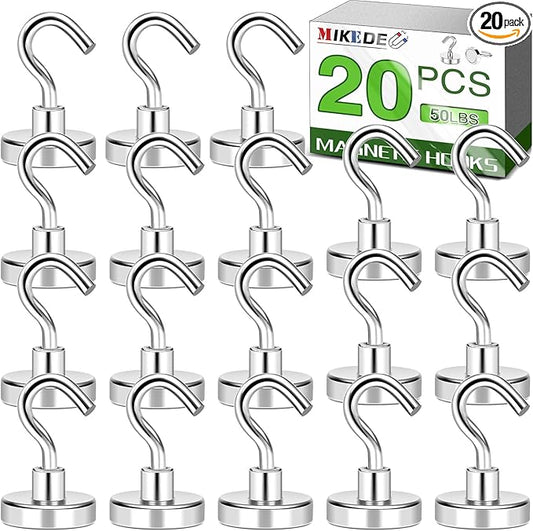 MIKEDE Magnetic Hooks 50Lbs Heavy Duty Earth Magnets with Hooks for Cruise Cabin Strong Magnet Hooks for Hanging Super Metal Magnetic Hanger for Grill Fridge Kitchen - Pack of 20