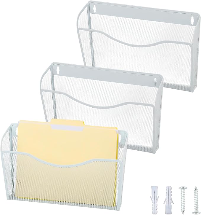 EASEPRES 3 Single Pocket Mesh Hanging File Organizer, Vertical Wall Mounted Magazine File Holder, Mount Basket Mail Paper Document Folder Organizing for Office, Home and School, White