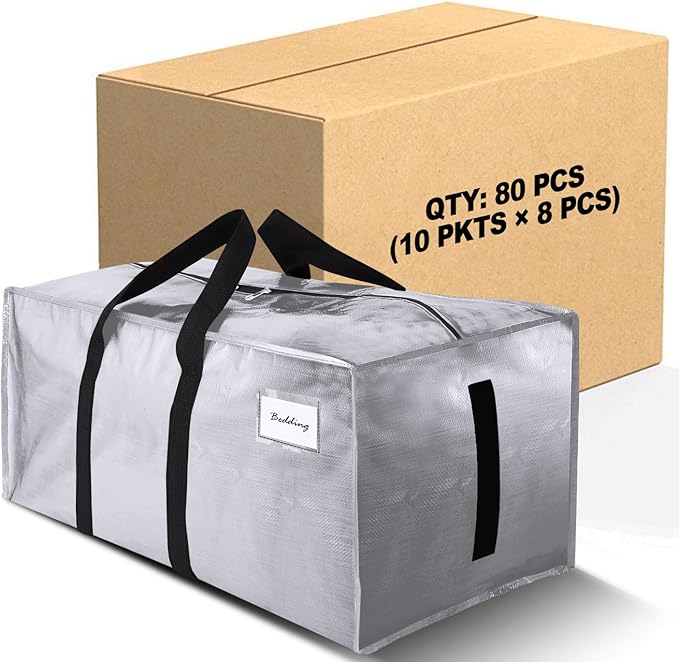 80 Pack Large Strong Moving Bags with Zippers & Carrying Handles - Water-Resistant - Heavy Duty Storage Tote for Space Saving, Fold Flat, Alternative to Moving Box (Silver)