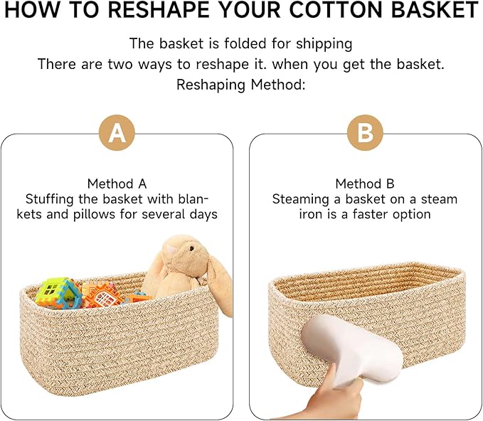 MiniArk Small Storage Baskets for Organizing | Closet Organizer Bins | Shelf Toy Basket | Woven Rope Baskets | Cube Decorative Box | Shallow Basket | 11.5x7.5x4.7” | 4 Packs White Pink