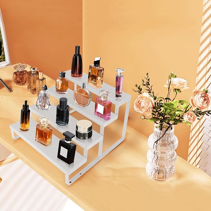 White Wood Cologne Organizer for Men Women,4 Tier Perfume Stand for Dresser Waterproof Cologne Stand with Anti-Slip pads for Party,Makeup,Figures,Cupcake,Perfume,Display Risers Stand Organizer