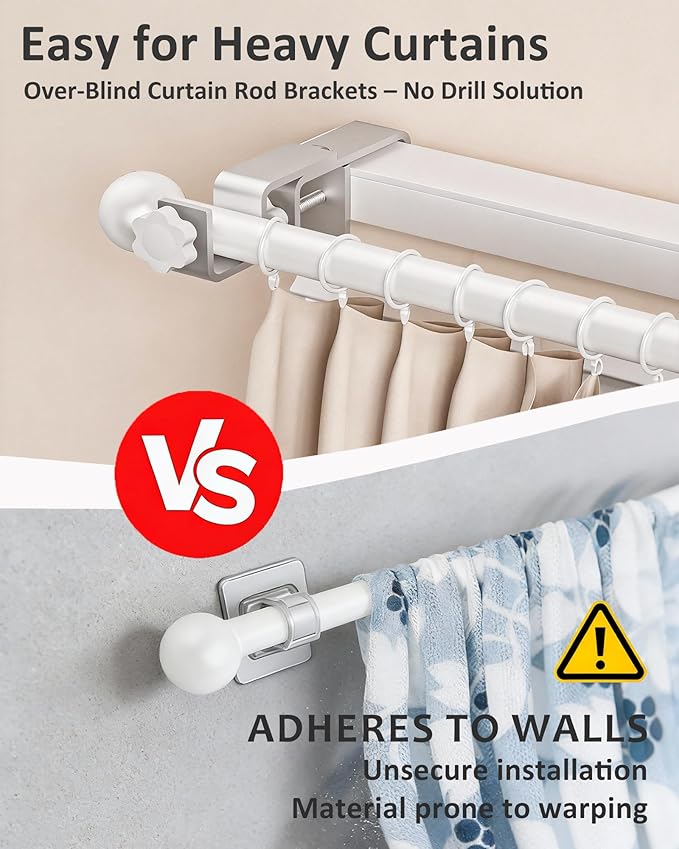 Mimiio No Drill Curtain Rod Brackets for Outside-Mount Blinds, Tool-Free Over-Blind Curtain Rod Holders, Fits 1-2" Rectangular Headrails, No Wall Damage, Renter Friendly Window Hardware, 2 Pack,Silver