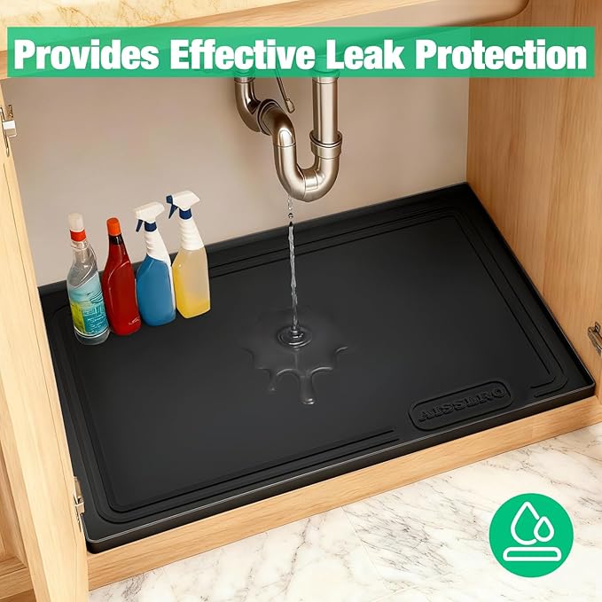 Aisslro Under Sink Mat 22" X 19", Waterproof Silicone Cabinet Protector with Raised Edge, Kitchen & Bathroom Leak Tray, Shelf Liner & Pet Feeding Mat for Dog Cat Food Mats, Black