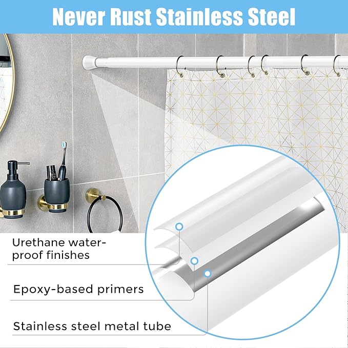 2Pcs Tension Curtain Rods for Windows 28 to 48 Inch, 7/8“ Diameter Spring Loaded Curtain Rod Adjustable Small Curtain Rods No Drilling Tension Rod for Door, Bathroom, Kitchen, White