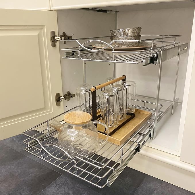 Sikarou Pull Out Cabinet Organizer 9" W x 21" D 2-Tier Individual Slide Out Drawer Pantry Shelf Storage for Kitchen Base Cabinet Organization for Kitchen, Bathroom, Pantry, Chrome