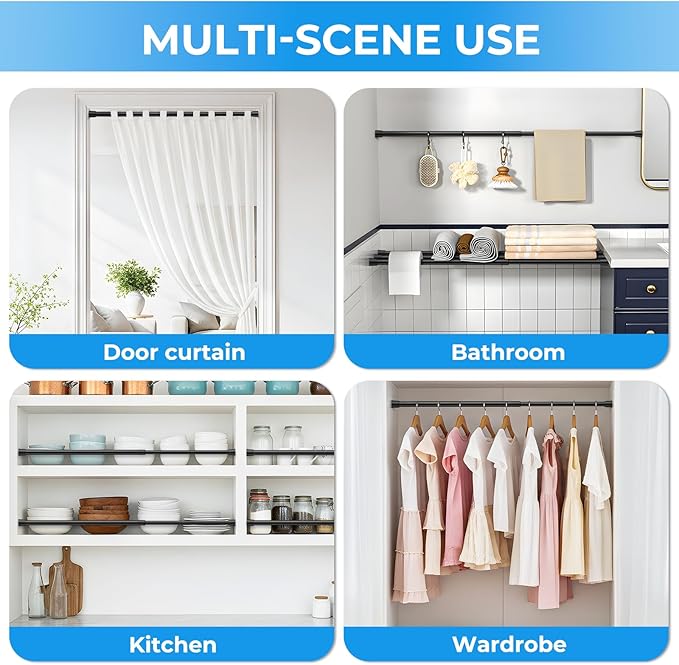 2 Pack Spring Loaded Tension Rod 48-59" Adjustable Curtain Rods No Drill Extendable Spring Rod Tension Curtain Rods For Window Kitchen Shelves Rv Refrigerator And Small Spaces,Black