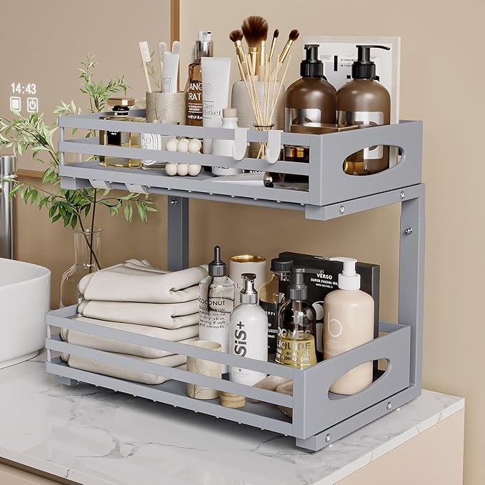 Under Sink Organizer, 2 Tier Under Sink Organizers and Storage, Adjustable Height, Slide out Metal Cabinet Organizers, Pull out Cabinet Storage Drawer Shelf for Kitchen Bathroom Gray 2Pack