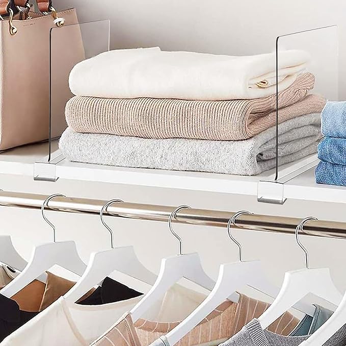 10 Pack Clear Acrylic Shelf Dividers for Closet Shelf Organizer of Bedroom Kitchen Office Bathroom Organizer for Clothes Books Hats and Handbags