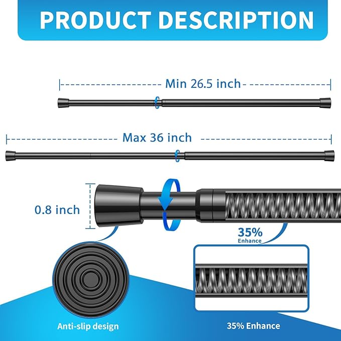 AIZESI 2 Pack Tension Rods for Windows 26.5 to 36 inch, Adjustable Expandable Pressure Spring Curtain Rods No Drilling, Black Curtain Rods for Doorway Closet Door