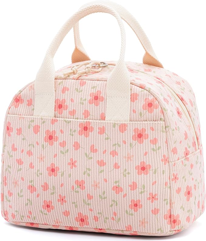 LOVELYWIND Insulated Pink Lunch Bag for Women, Stylish Corduroy Tote with Aluminum Lining, Large Capacity Reusable Cooler for Work, Travel, Beach or Picnic, Pink Floral Water-Resistant Lunch Box