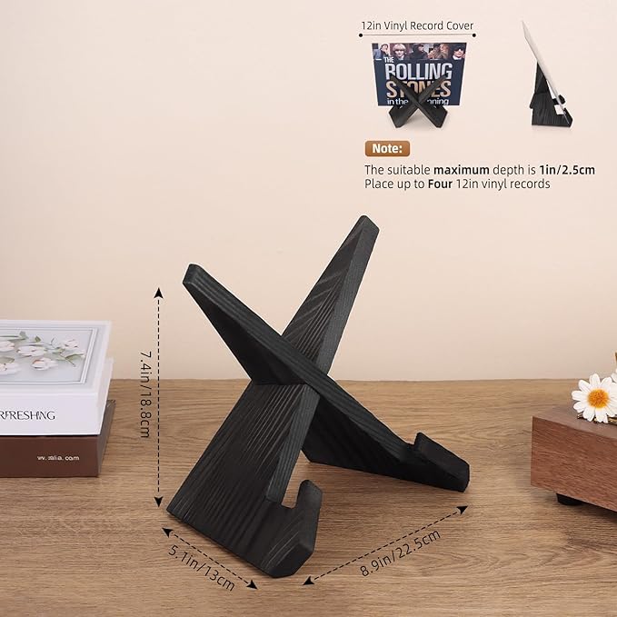 PUERSI Now Playing Vinyl Record Stand, Wooden Display Vinyl Holder Stand, Retro Now Spinning Record Accessories - Black