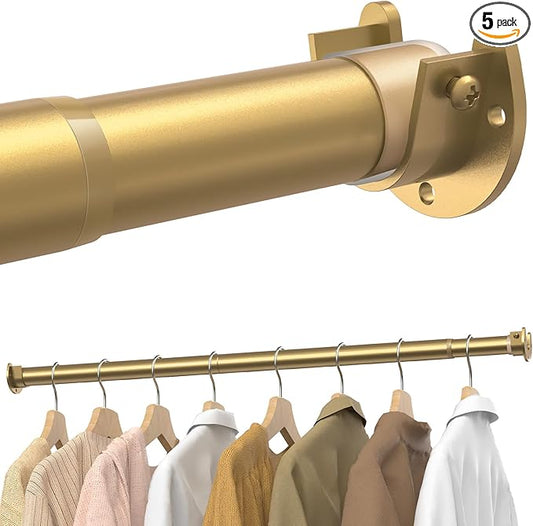 5 Pack Closet Rods for Hanging Clothes, 17 to 28 Inches Stepless Adjustable Metal Closet Rod, 1.3 Inches Heavy Duty Clothes Hanging Rod for Closet Wardrobes Laundry RV, Golden