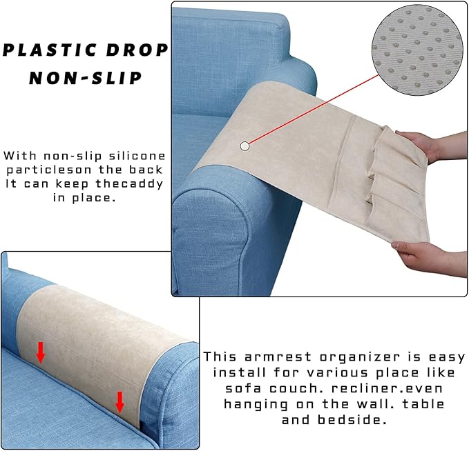NB Sofa Armrest Organize Remote Holder Bedside Caddy Organizer with 5 Pockets，Non-Slip Couch Remote Control Holder Couch Armchair Caddy Accessories (Beige, 35"X12.4")
