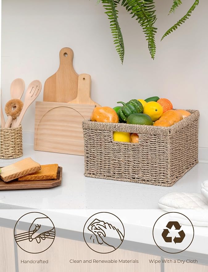 StorageWorks Wicker Storage Baskets, Handwoven Seagrass Basket for Organizing, Decorative Wicker Baskets with Built-in Handles, Set of 2