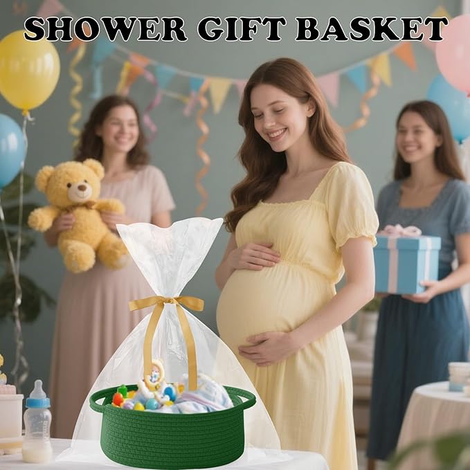 Small Woven Rope Basket-Empty Gifts Basket with Bag and Ribbons,Cute Handle Organizer Box for Birthday/Baby Shower, Toy Storage, Nursery Organizing & Shelf Decor(Green)