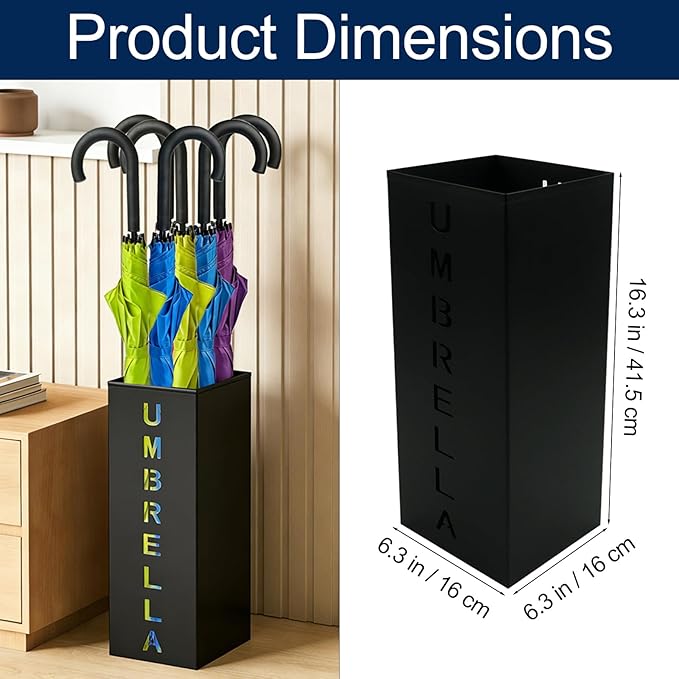 Square Metal Umbrella Canes Holder, Free Standing Umbrella Rack Stand Storage Bucket, Walking Sticks Organizer Bin for Indoor Entryway, Home, Office and Hotel, 16.3" x 6.3" x 6.3", Black