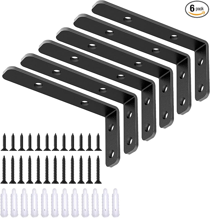 LSK 6PCS L Bracket, 4"×2"(100×50mm) Shelf Support Corner Bracket for Wooden Board, Max Load : 42lb, Black