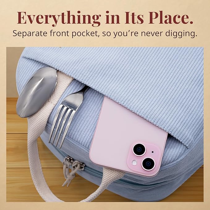 LOVELYWIND Insulated Cloud Blue Lunch Bag for Women, Stylish Corduroy Tote with Aluminum Lining, Large Capacity Reusable Cooler for Work, Travel, Beach or Picnic, Cloud Blue Water-Resistant Lunch Box